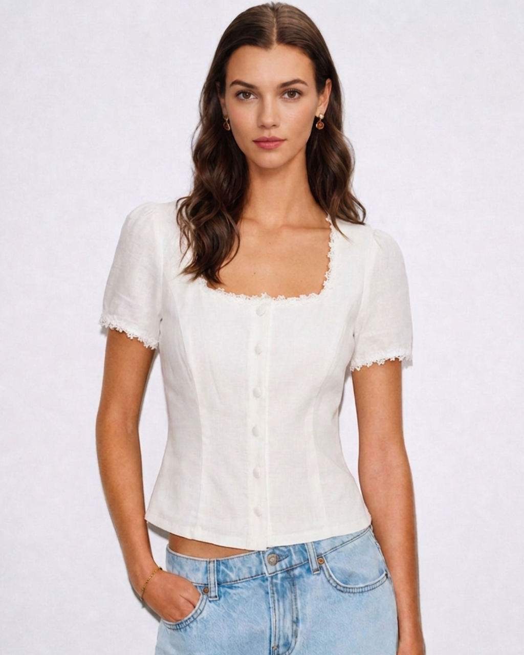 White Square Neck Button Lace Blouse