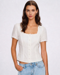 White Square Neck Button Lace Blouse