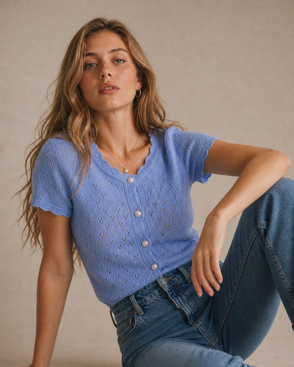 Blue Textured Button Knit Cardigan