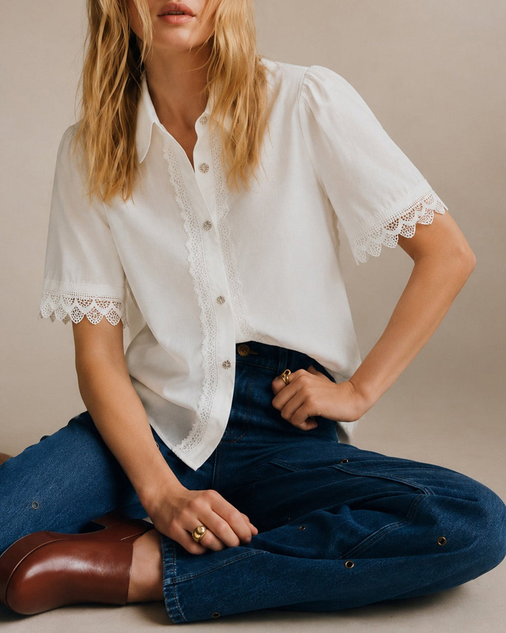 White Collar Splicing Button Shirt