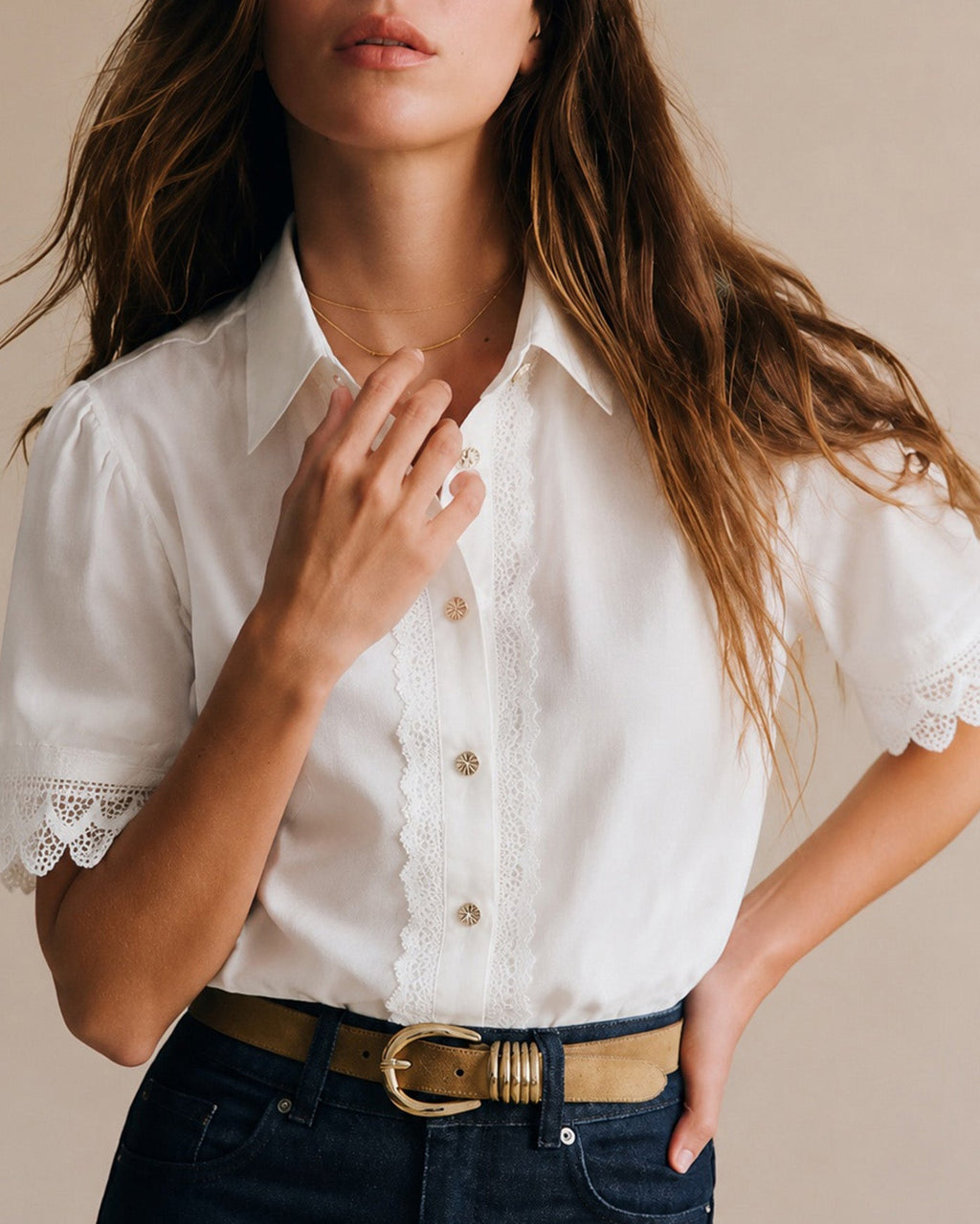 White Collar Splicing Button Shirt