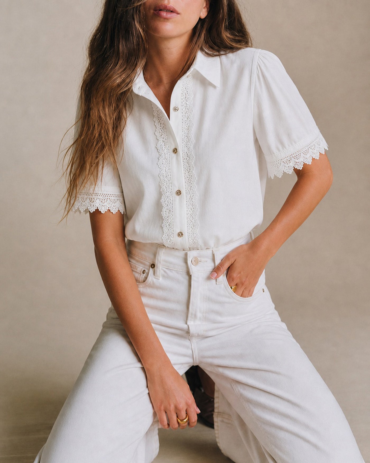 White Collar Splicing Button Shirt