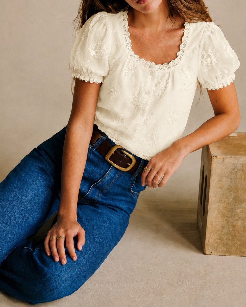 Apricot Square Neck Lace Floral Tee