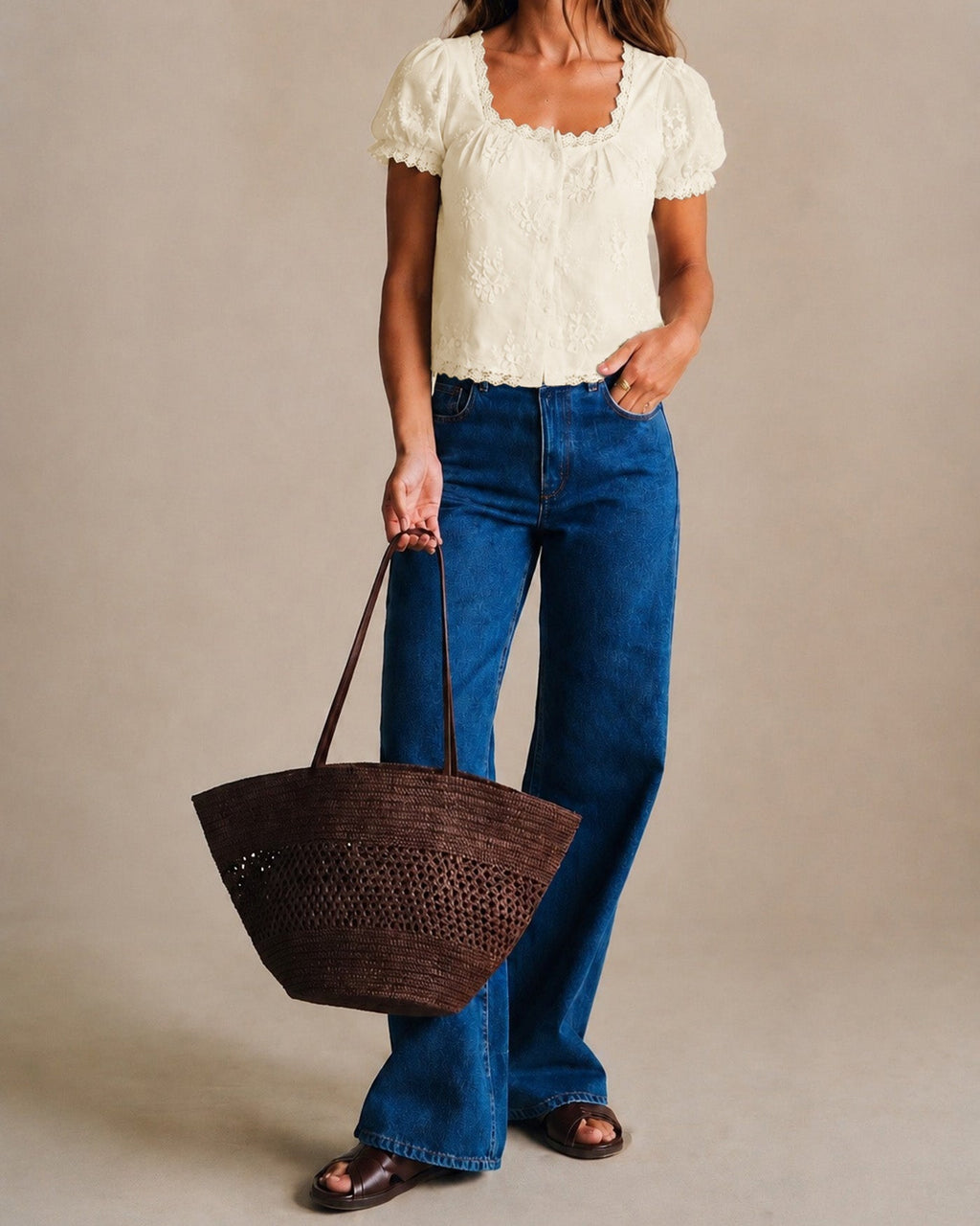 Apricot Square Neck Lace Floral Tee