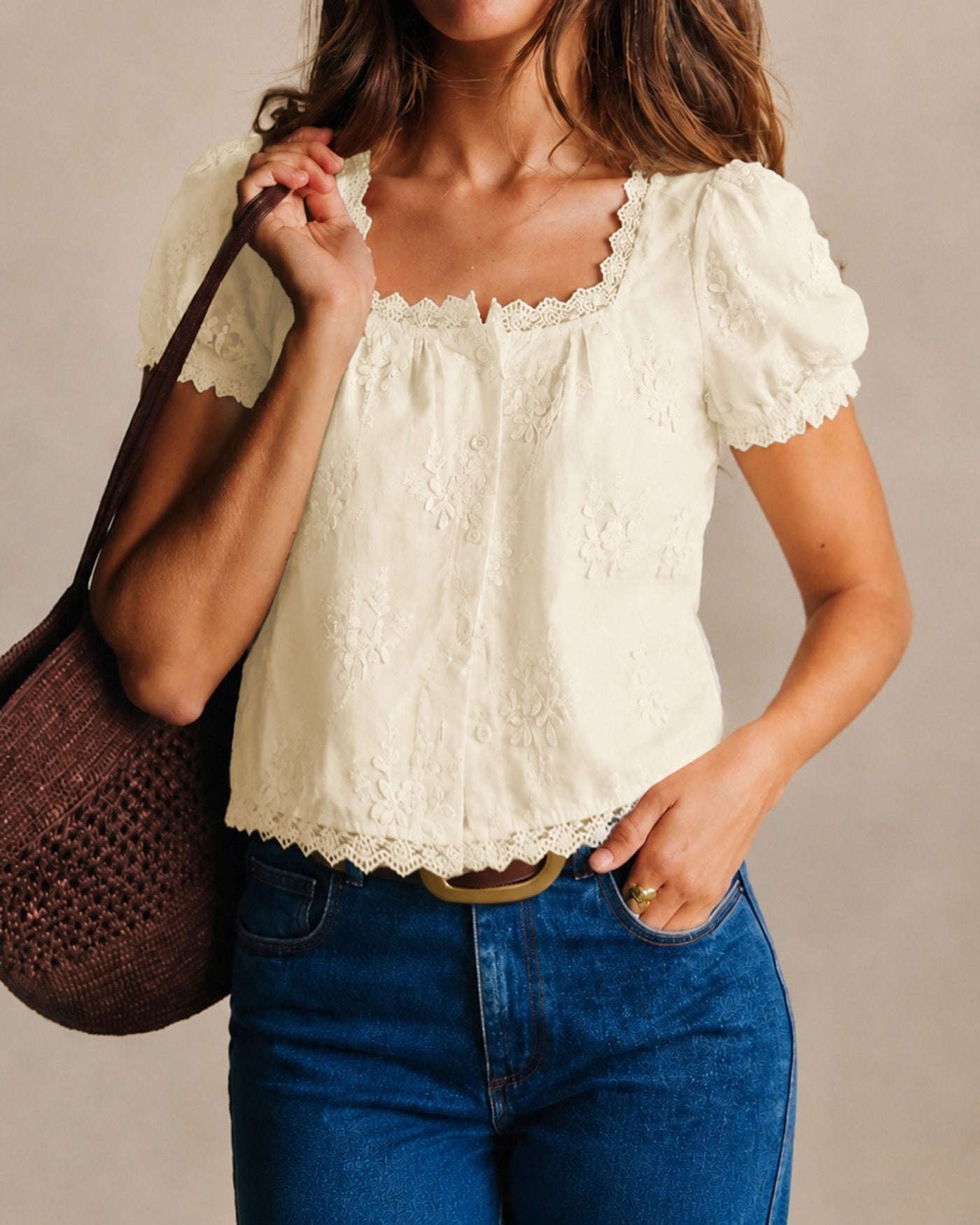 Apricot Square Neck Lace Floral Tee