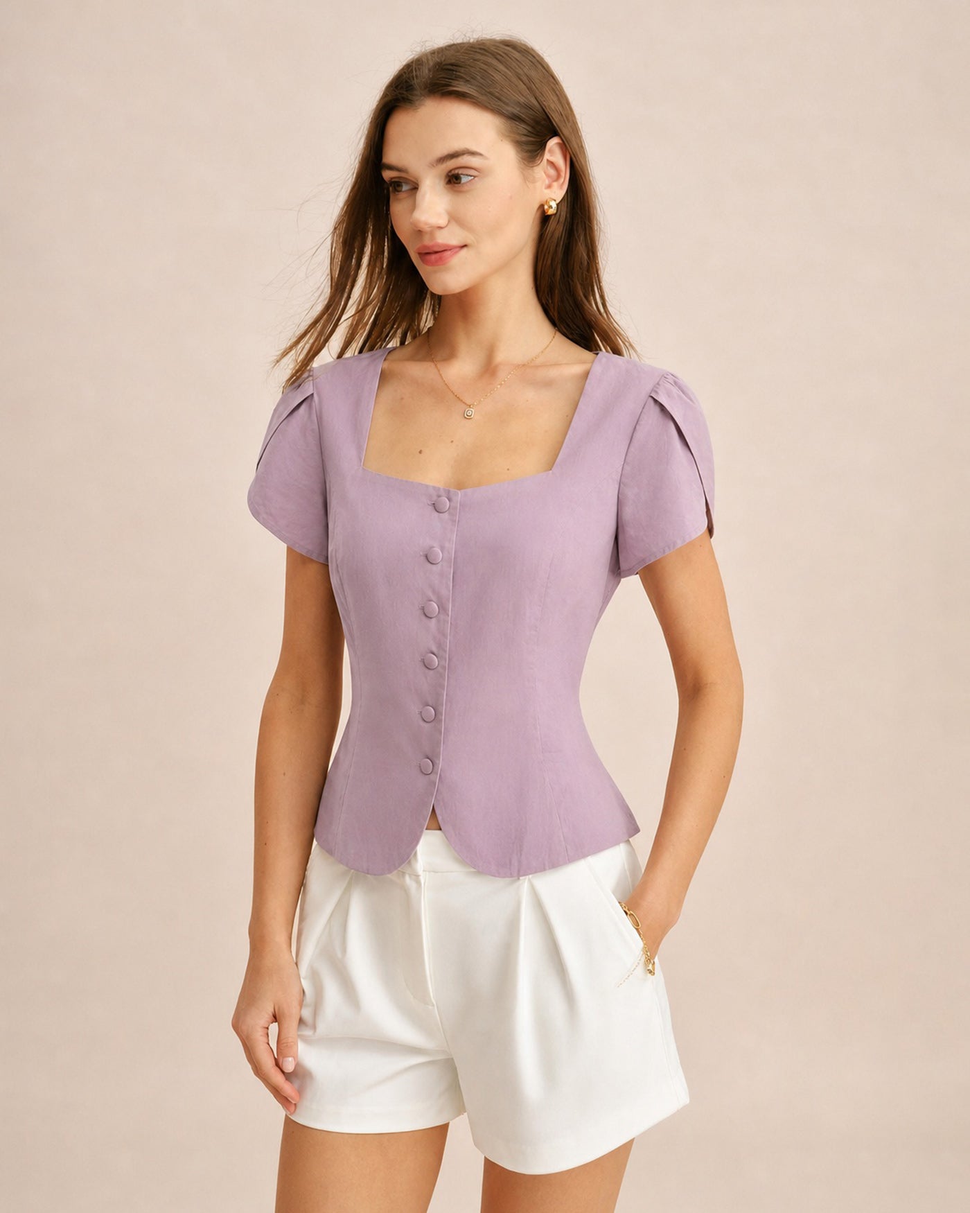 Purple Square Neck Petal Sleeve Blouse