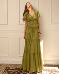 Green V Neck Ruched Blouse