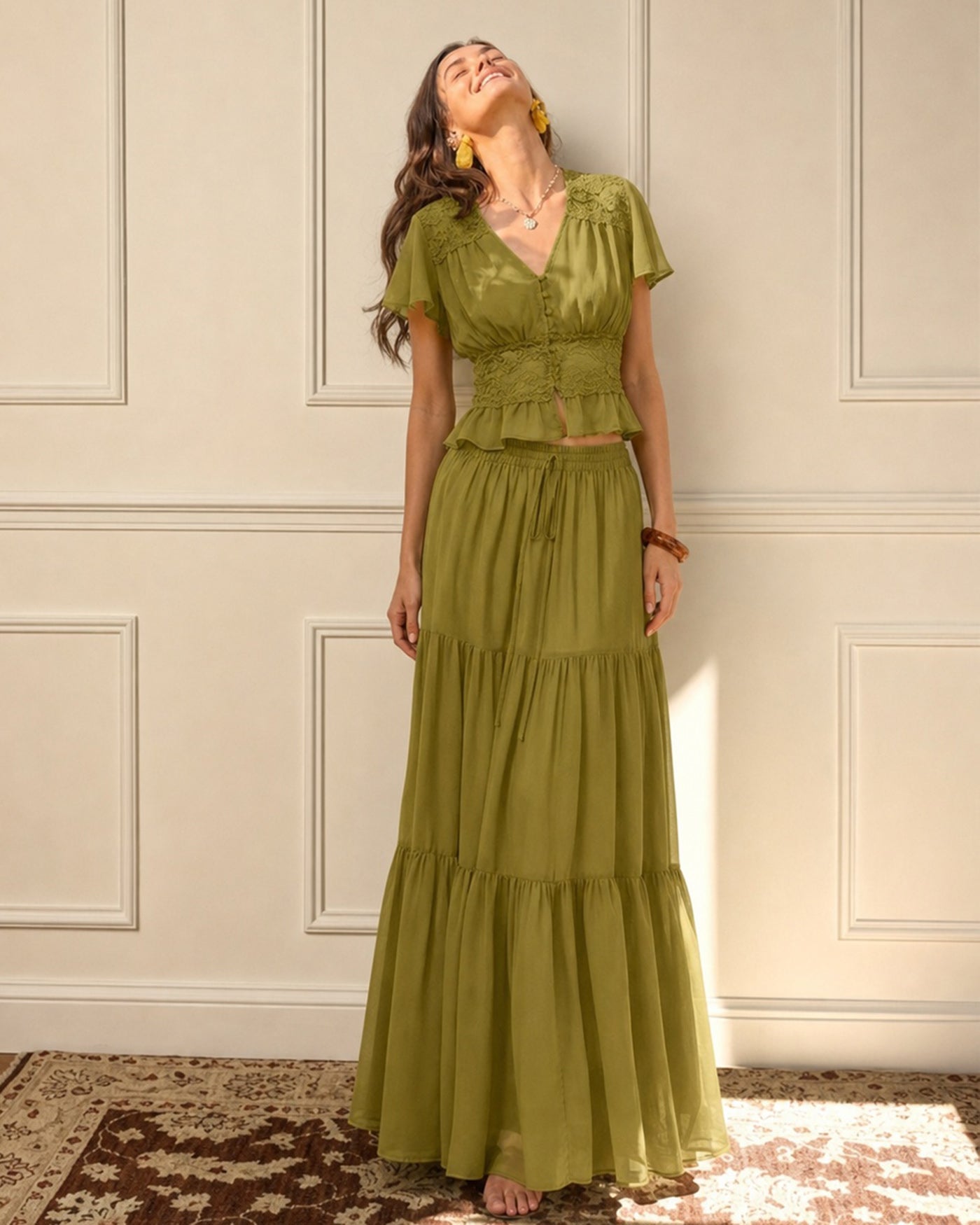 Green V Neck Ruched Blouse