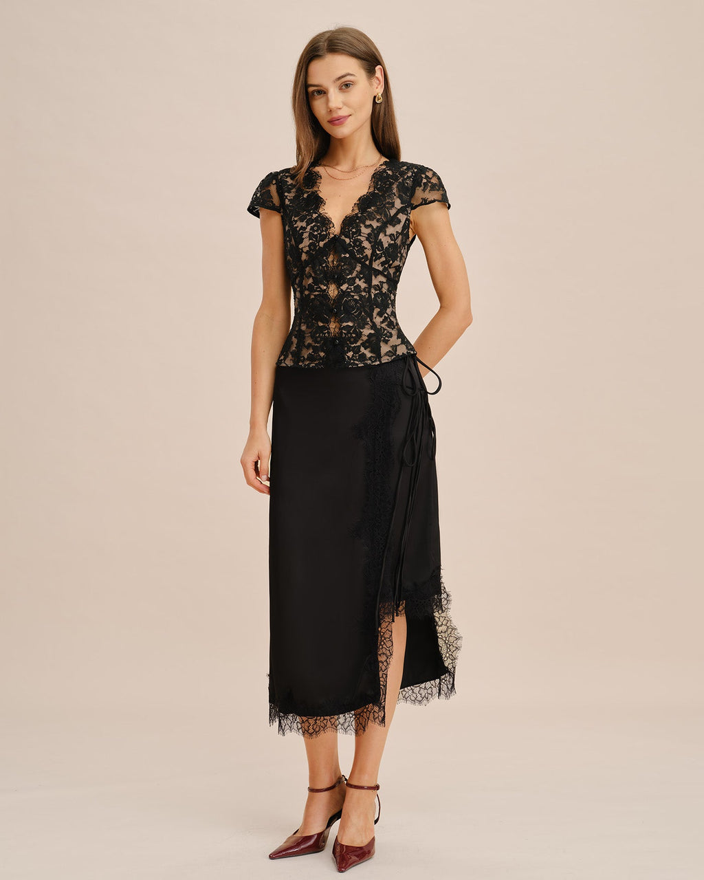 Black V Neck Lace Button Blouse
