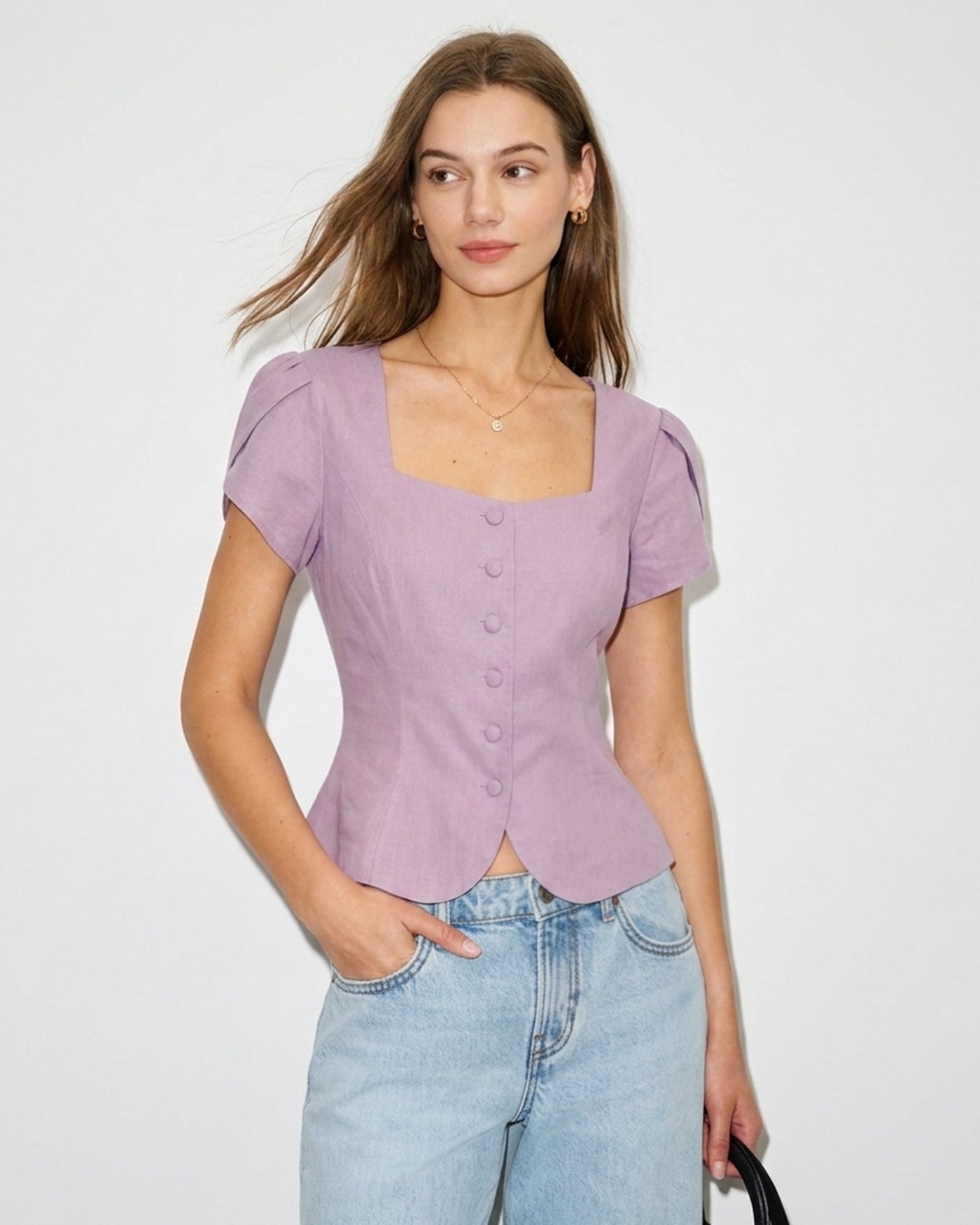 Purple Square Neck Petal Sleeve Blouse
