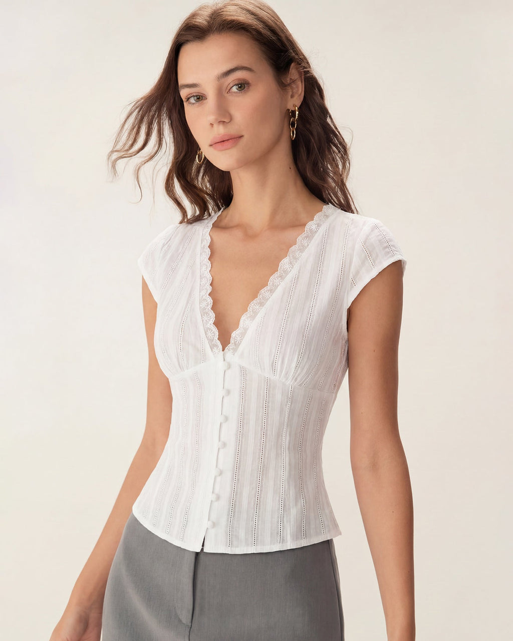 White V Neck Textured Tee